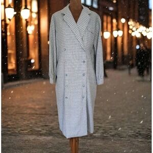 Vintage Handmade Plaid Duster Coat Blue Mid Length Pockets Soft Academia Women's